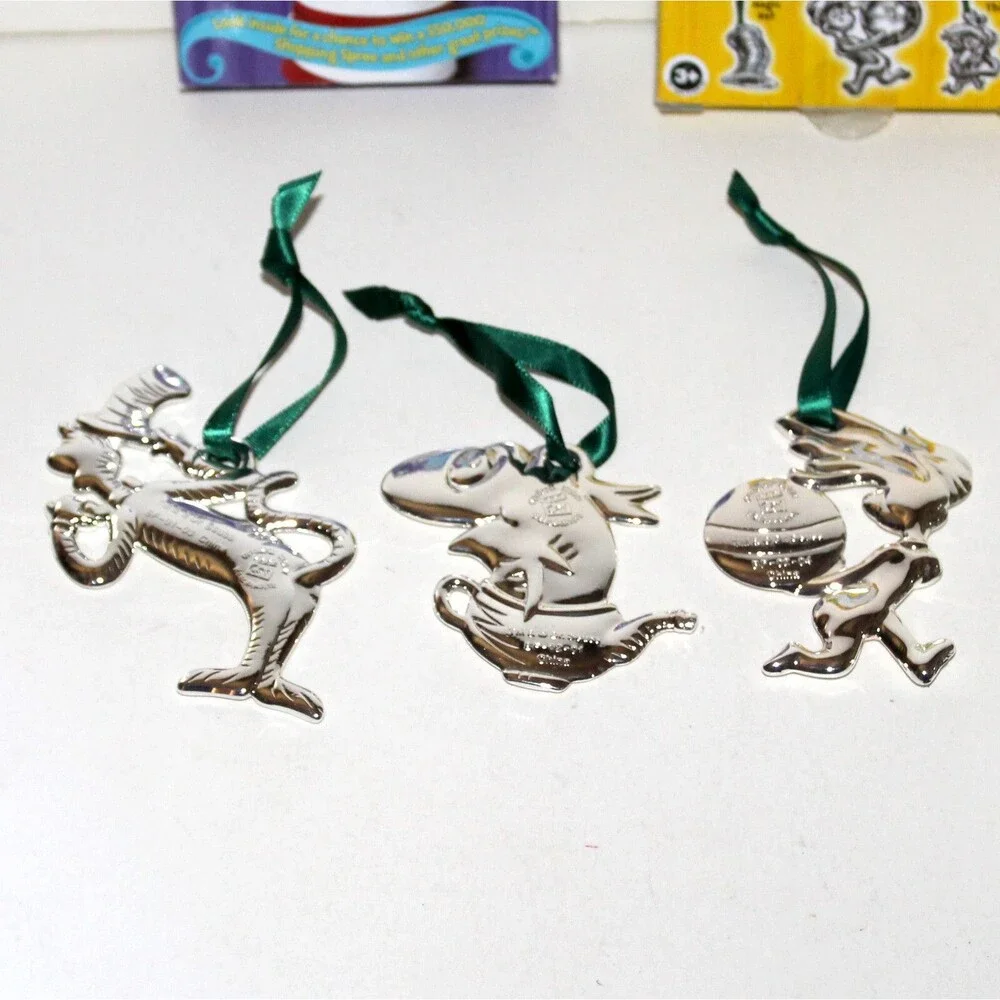 Lot of 3 Dr Seuss Cat In The Hat Christmas Ornaments Silver Plated Thing 1